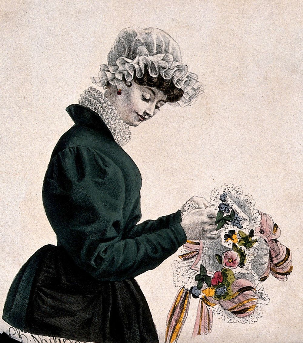 A woman is tying ribbon and lace around a posy of flowers. Coloured lithograph by Charles Philipon.