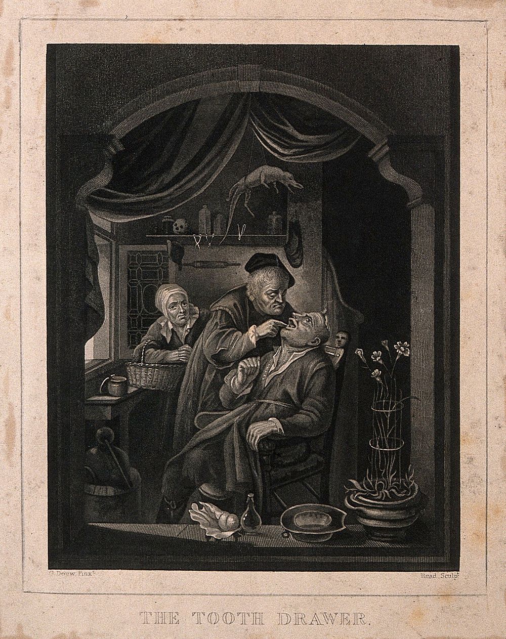 A surgeon extracting a tooth from a patient, while the latter's concerned wife stands in the background. Mezzotint by Read…