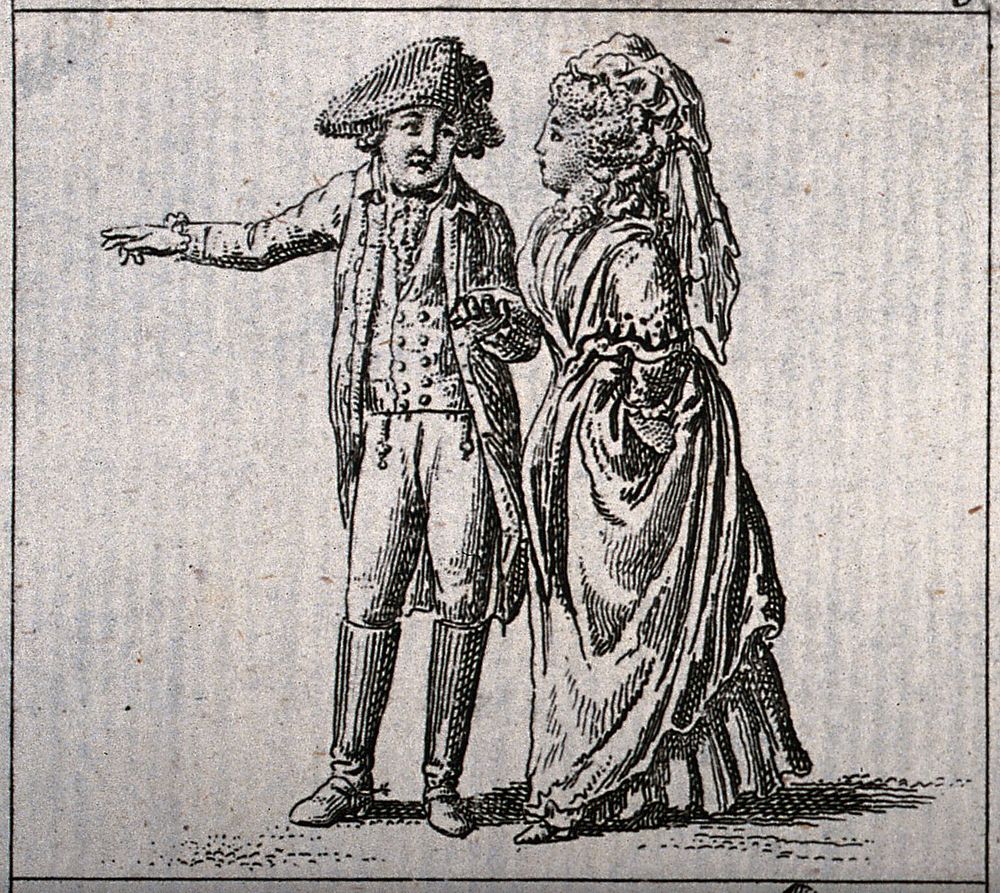 A man with a lady on his arm points to something he wants to show her. Etching.