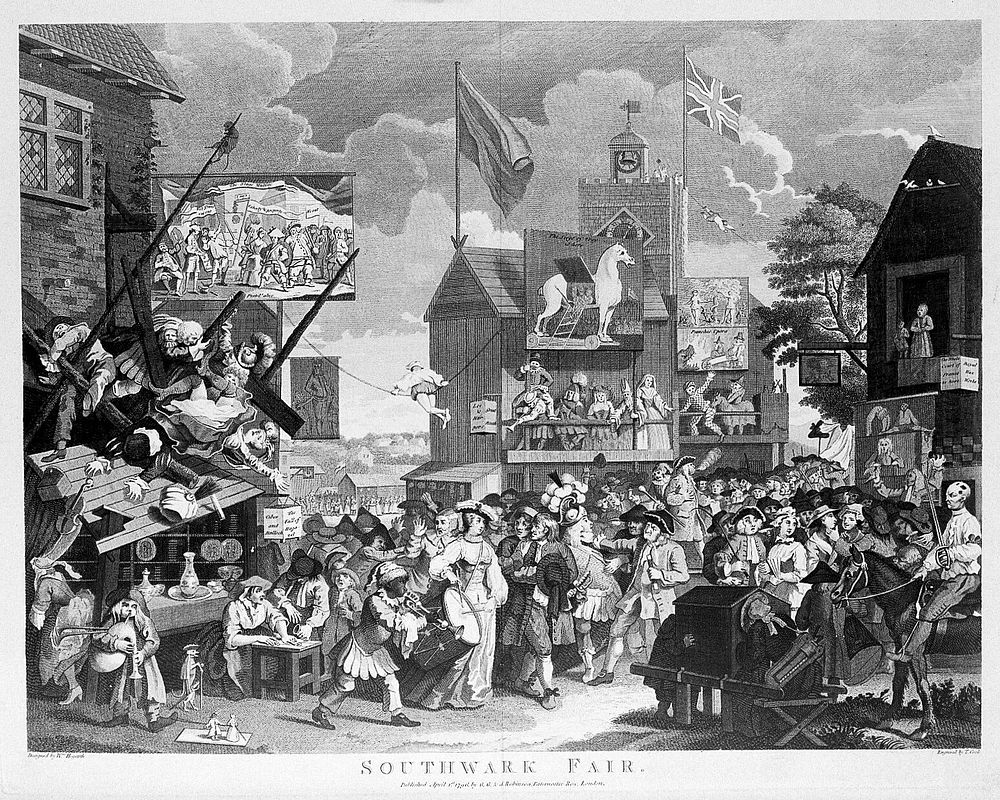 Southwark Fair, a renowned place of amusement, with a variety of theatrical establishments. Engraving by T. Cook after W.…