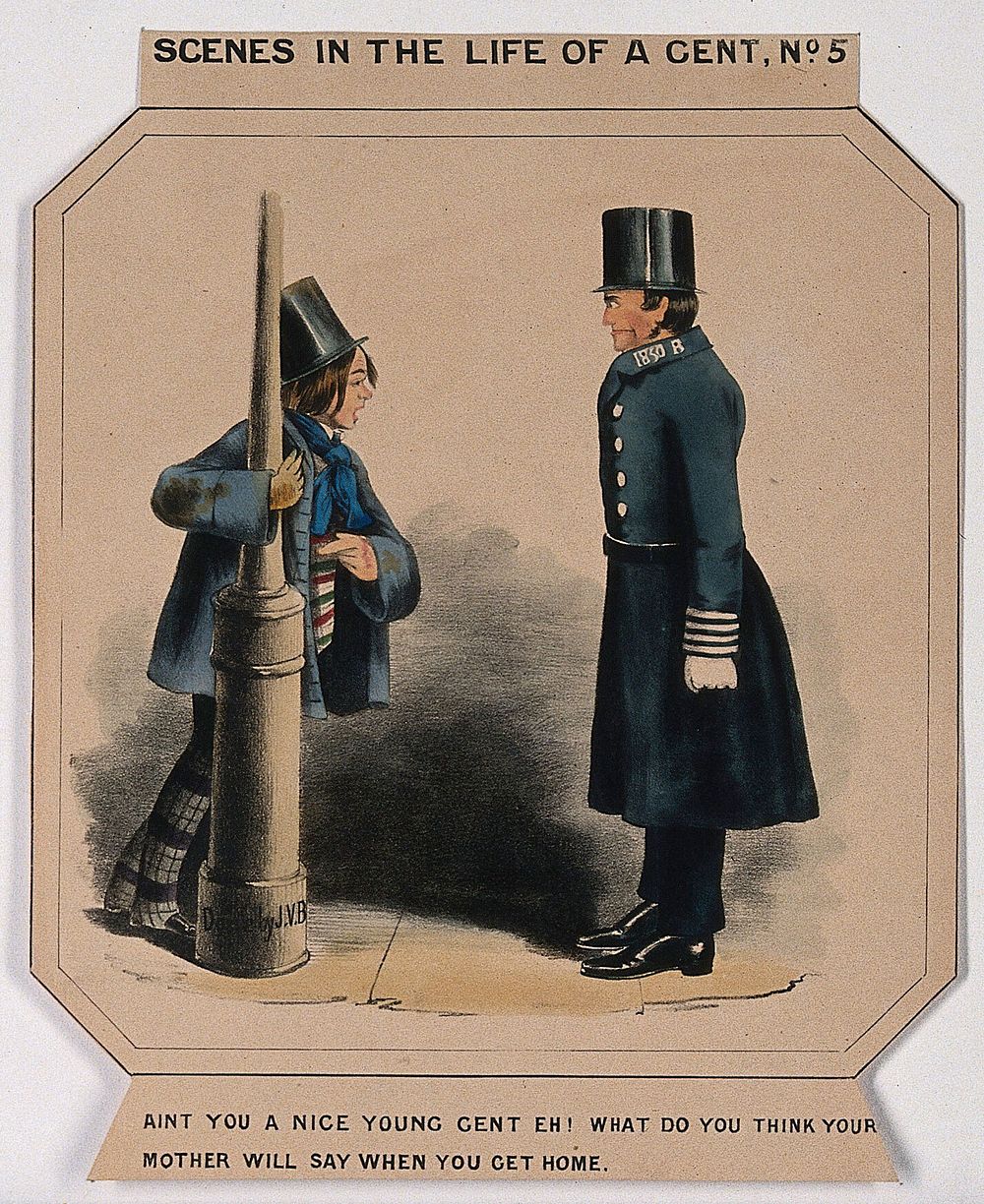 A boy dressed in checked trousers and a top hat is leaning against a lamp post as a policeman speaks to him. Coloured…