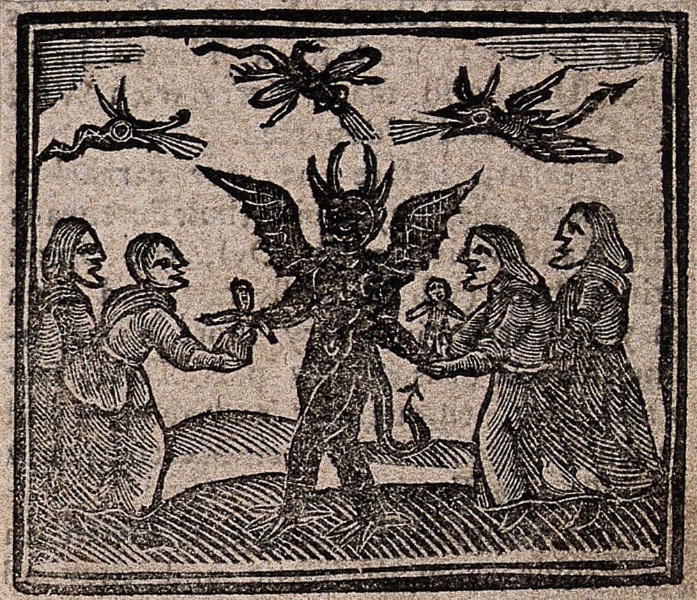 Witchcraft: witches giving babies to the devil. Woodcut, 1720.