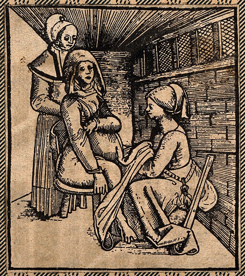 A woman seated on a obstetrical chair giving birth aided by a midwife who works beneath her skirts. Woodcut.