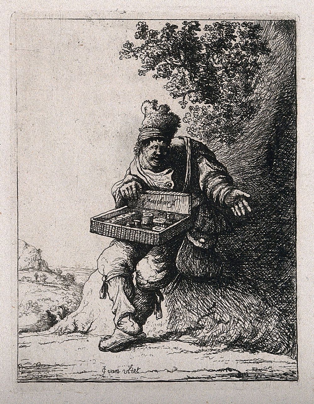 A travelling drug seller. Etching by D. Deuchar after J. van der Vliet.
