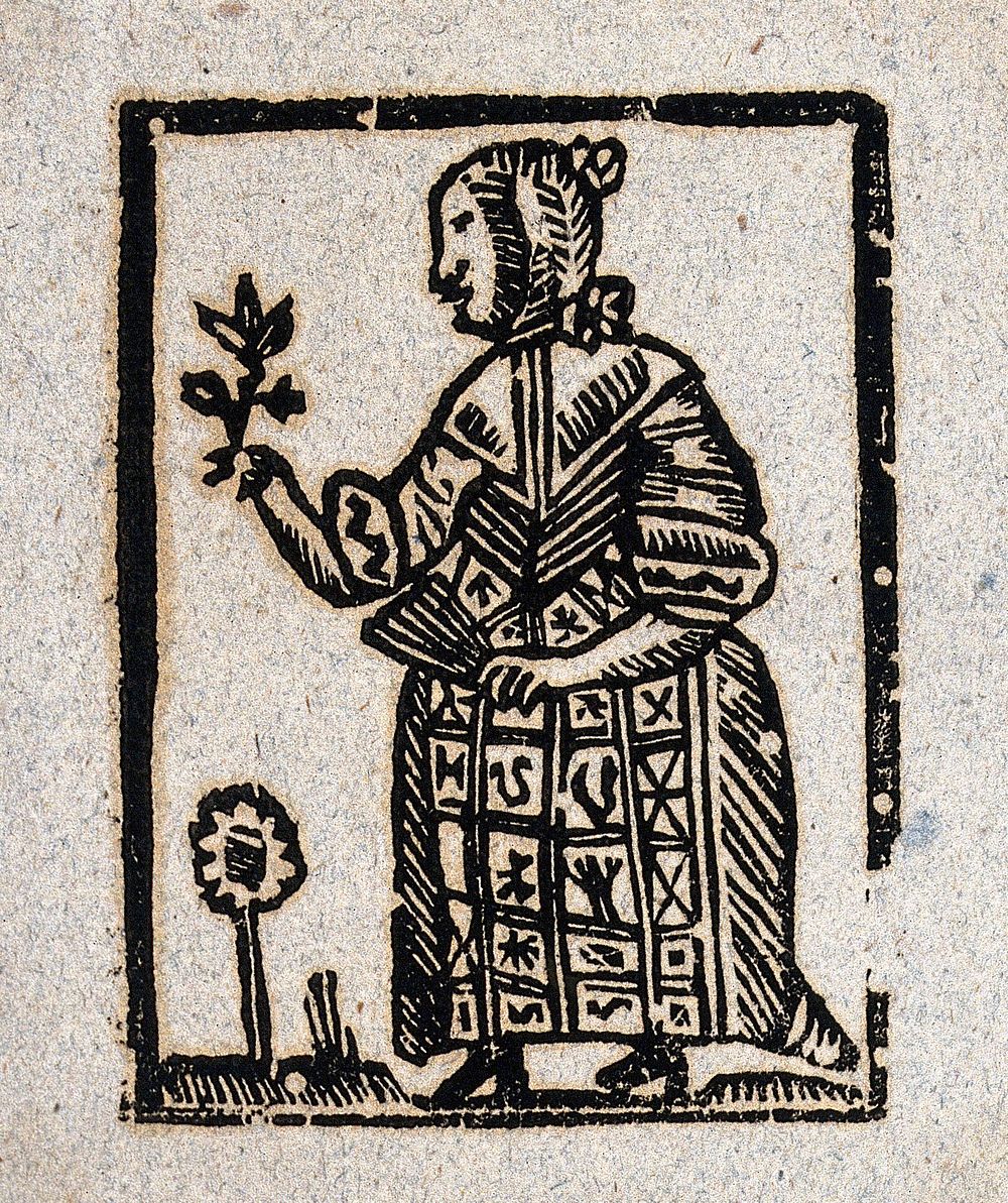 A witch holding a plant in one hand and a fan in the other. Woodcut, ca. 1700-1720.