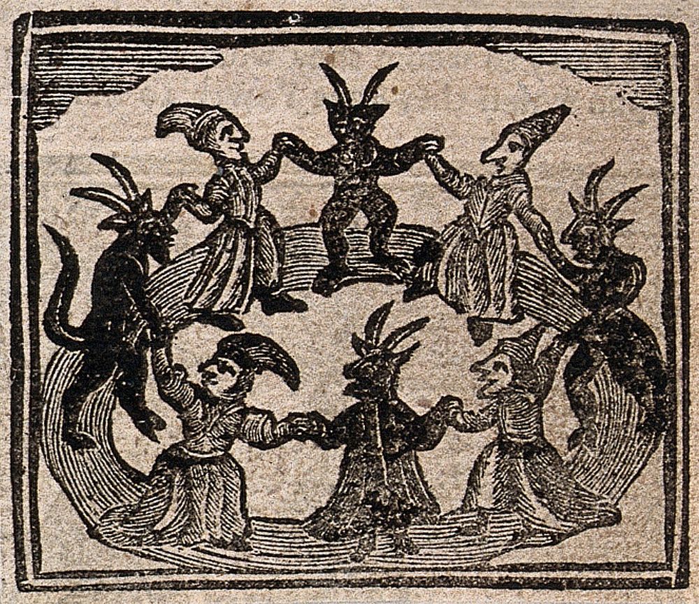 Witchcraft: witches and devils dancing in a circle. Woodcut, 1720.