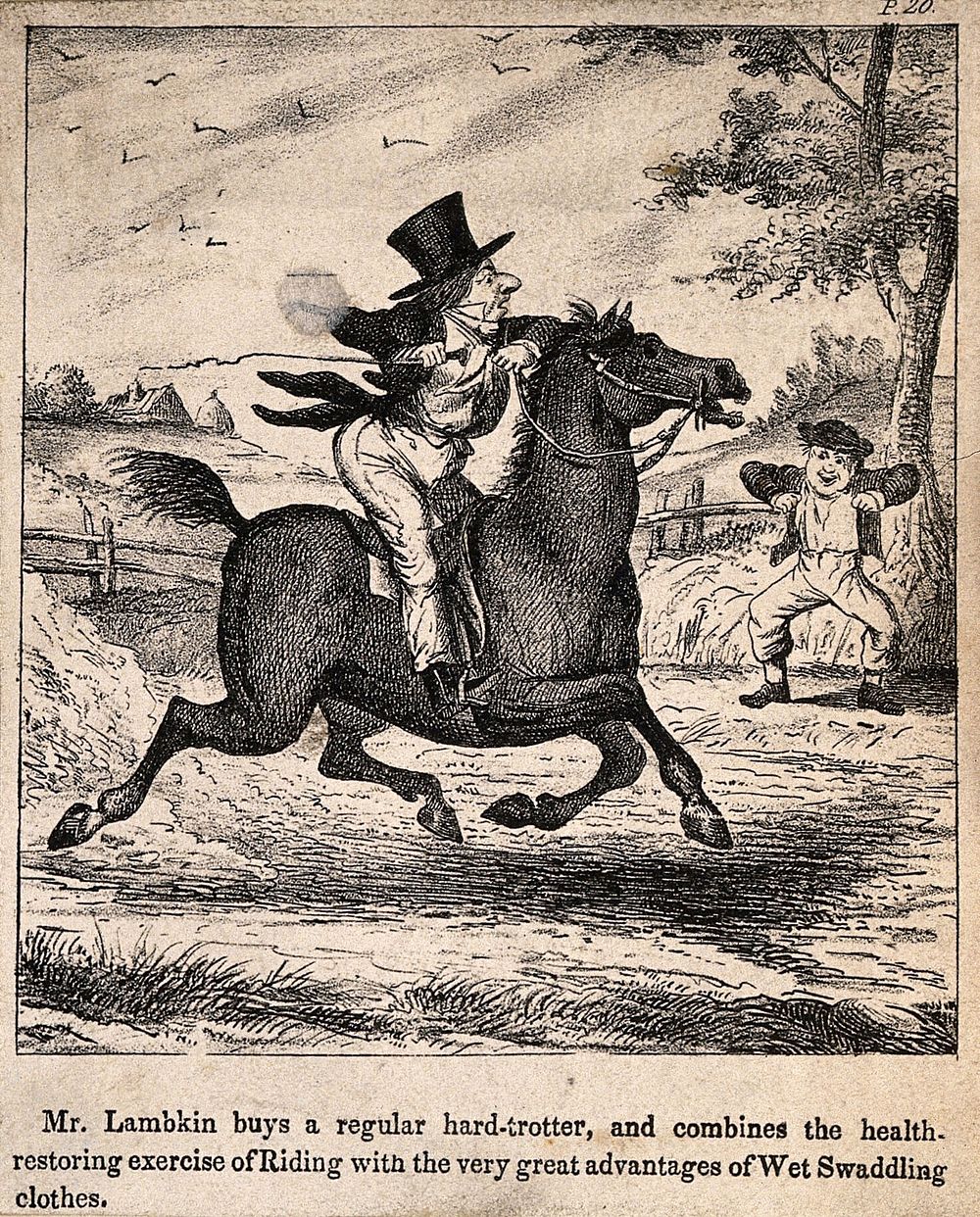 Mr. Lambkin trying to find a new cure for his illness; riding a horse in wet clothes. Lithograph by G. Cruikshank.