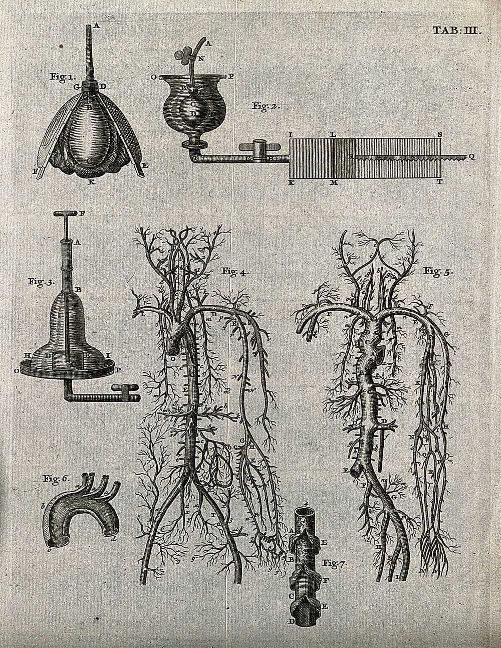 The venous and arterial system (figs 4-5), seen with a bellows and two other mechanical devices (figs 1-2). Engraving, 18th…