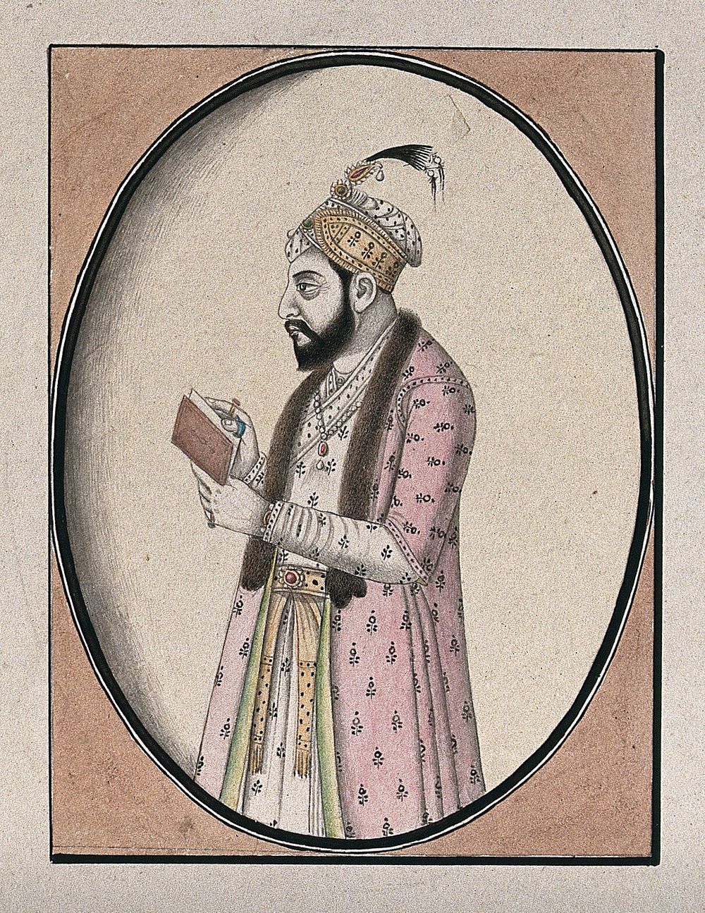 A member of the Mughal royal family, holding a book . Watercolour drawing by an Indian artist.