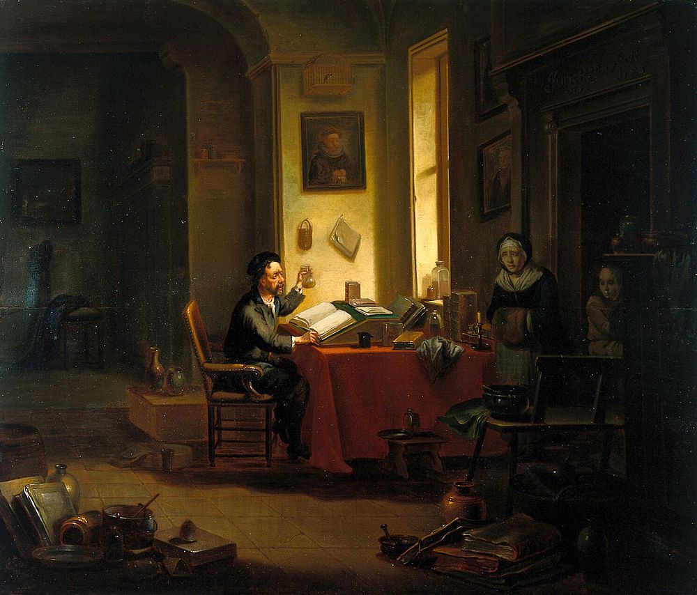 A physician examining a urine-flask. Oil painting by Justus Juncker.