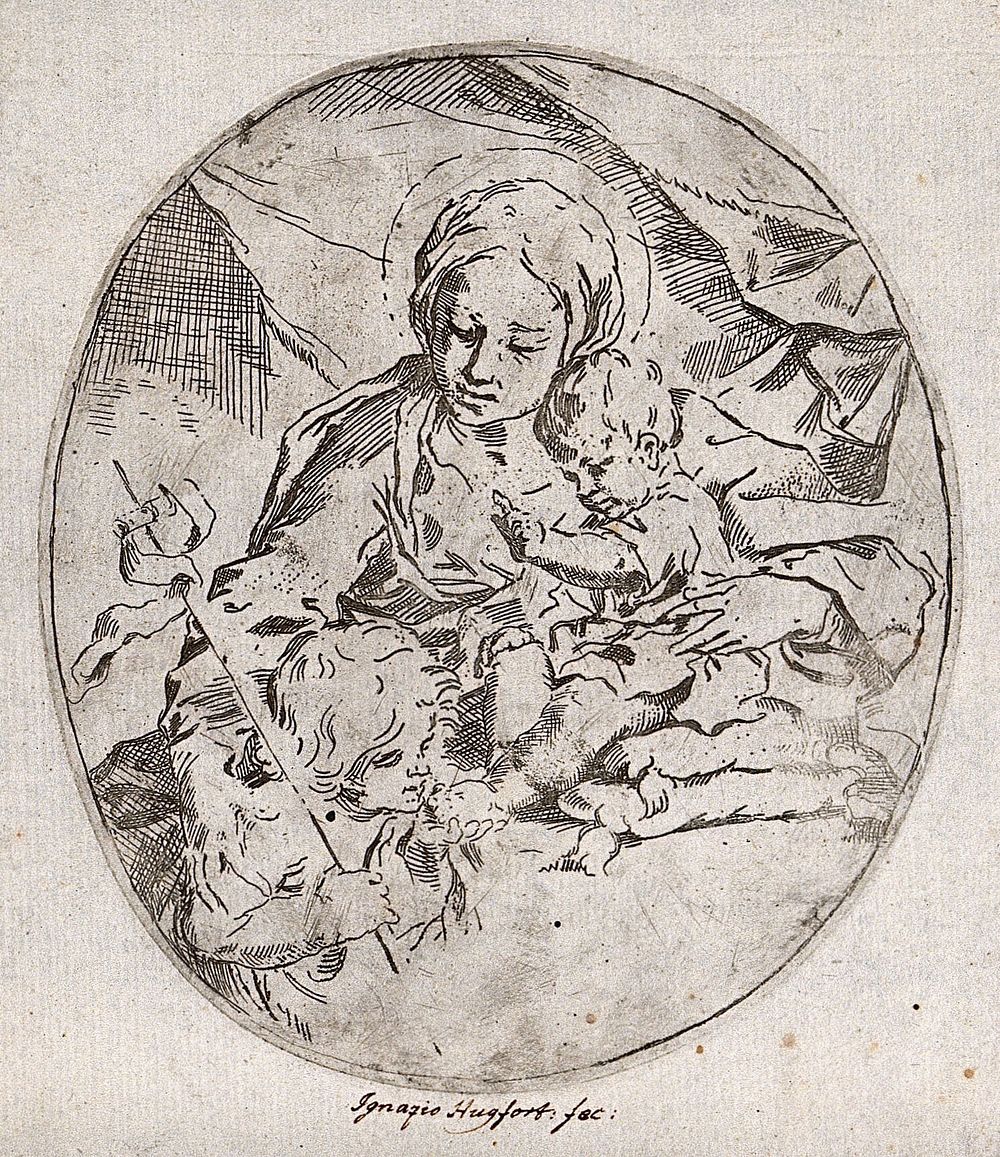 Saint Mary (the Blessed Virgin) with the Christ Child and Saint John the Baptist. Etching by I.E. Hugford.