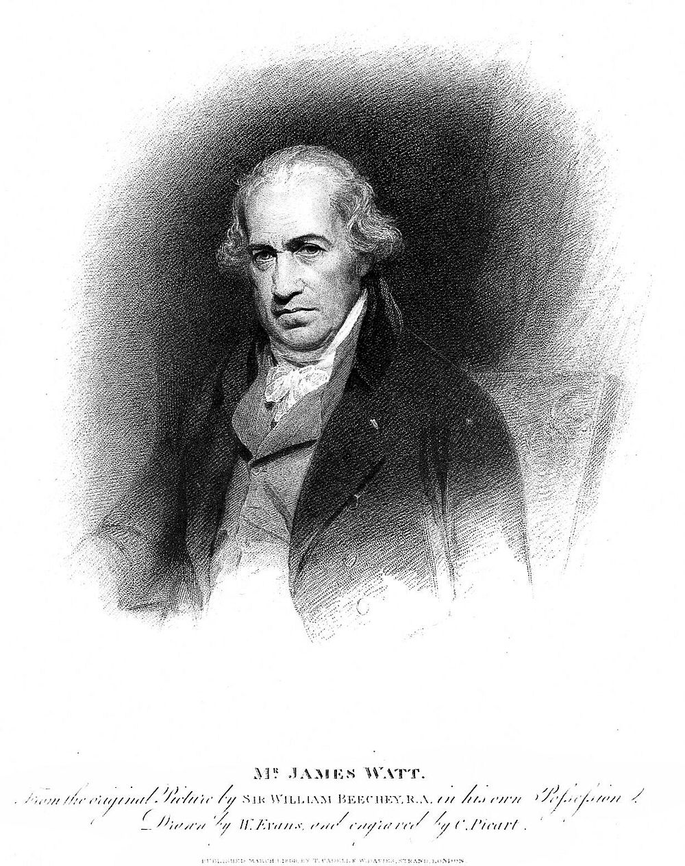 James Watt. Stipple engraving by C. Picart, 1809, after W. Evans after Sir W. Beechey.
