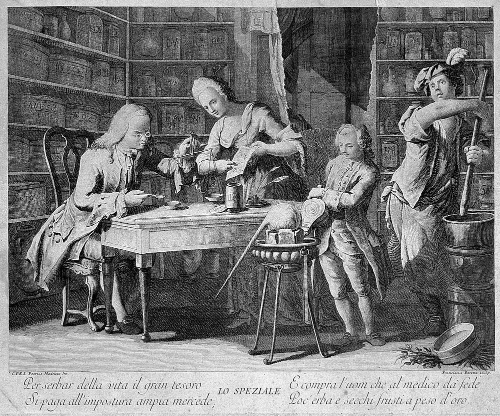 An apothecary making up a prescription using scales, his wife holds a recipe for him and two assistants are working with the…