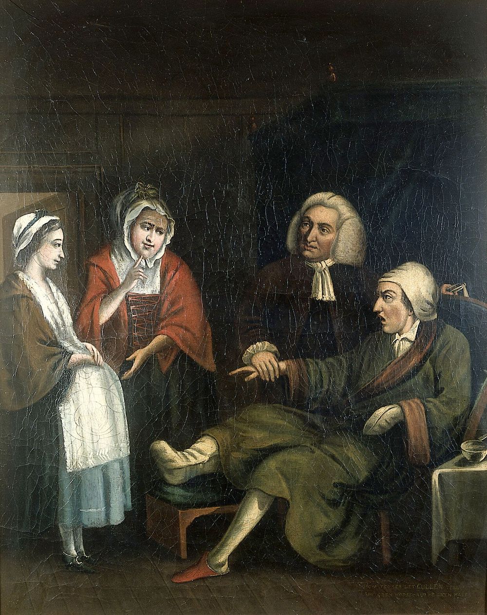 A physician (William Cullen) taking the pulse of a gouty bachelor as he receives a paternity claim. Oil painting formerly…