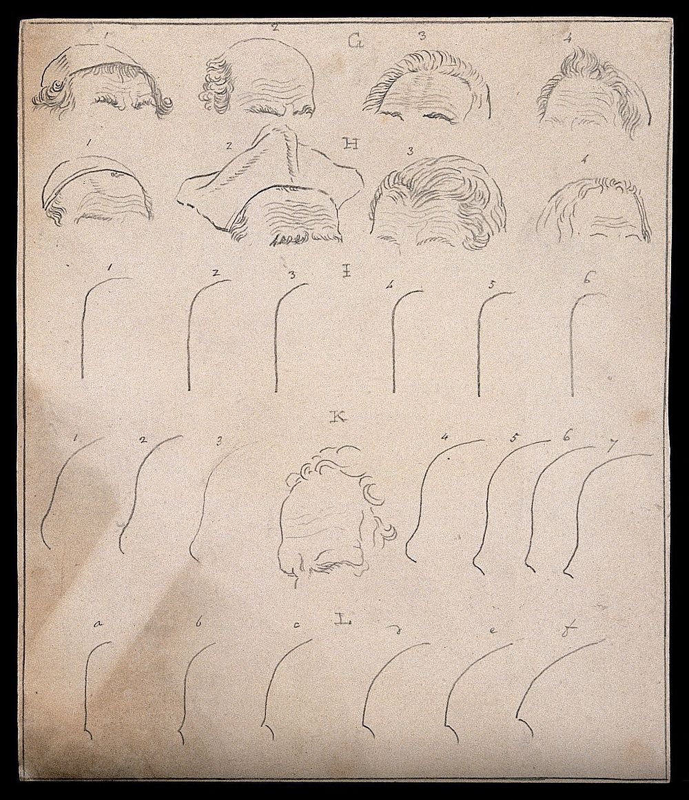 Outlines and designs of foreheads, showing their wrinkles and contours. Drawing, c. 1794.