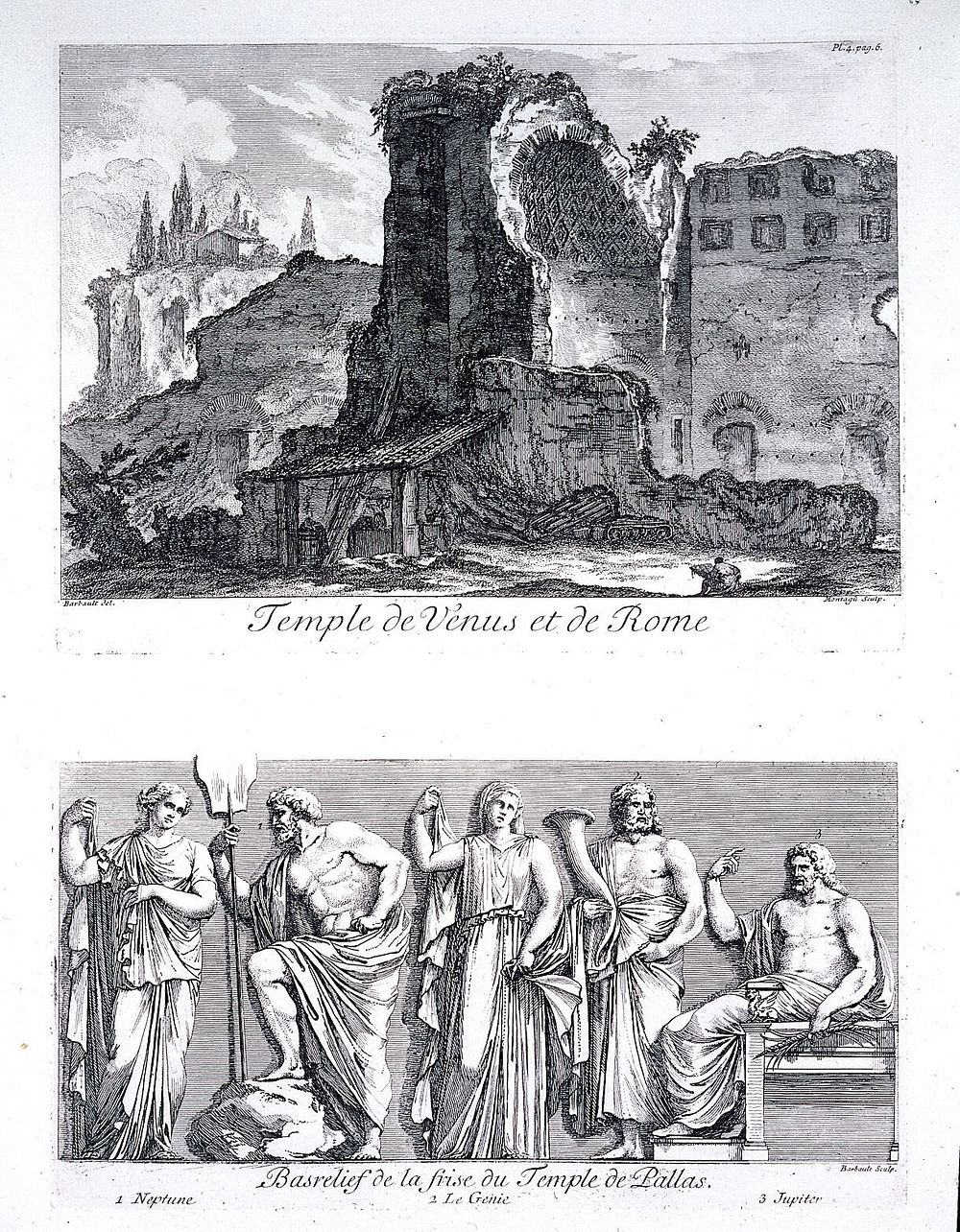 A bas relief of Neptune, Jupiter, and three other figures, on the temple of Minerva Pallas. Etching by J. Barbault.