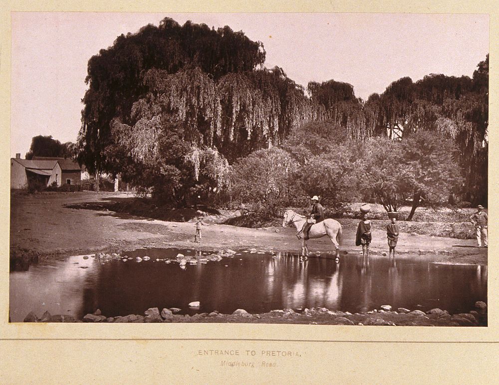 Pretoria, South Africa: a river and the entrance to the city on Middleburg Road. Woodburytype, 1888, after a photograph by…