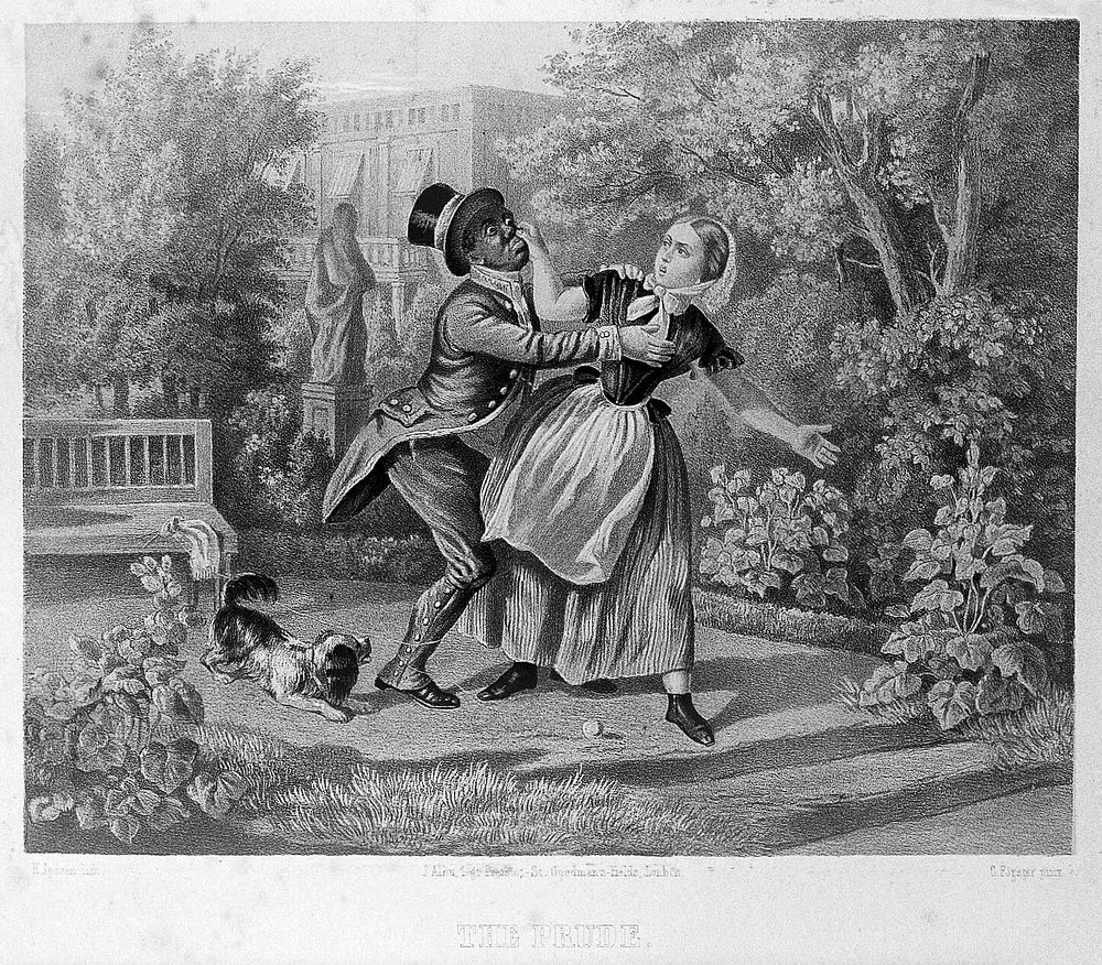 A young woman repulses the attentions of a young black manservant by pinching his nose. Tinted lithograph by H. Jessen after…