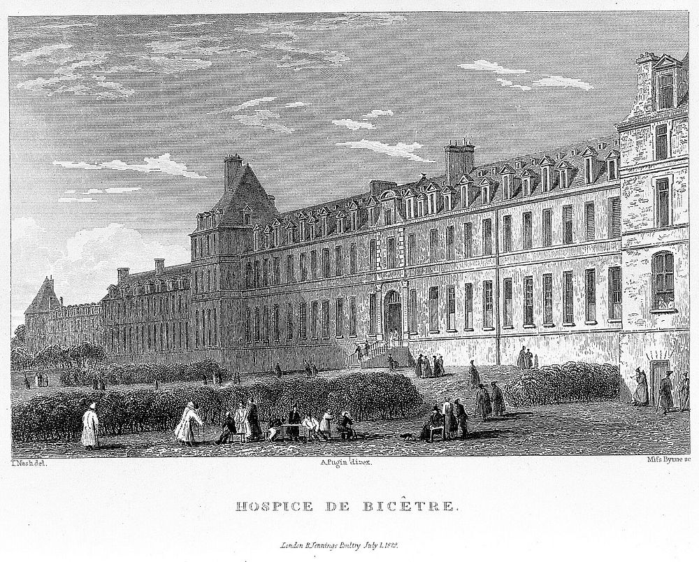 Hopîtal Royal de Bicêtre, Paris: patients exercising in the grounds. Engraving by Letitia Byrne, 1829, after T. Nash.