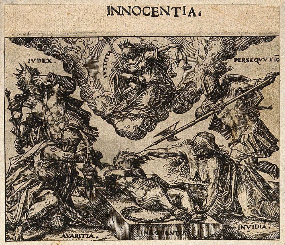 Innocence attacked from four corners by "Iudex", "Persequutiō", "Avaritia" and "Invidia"; Justice looks down from above.…