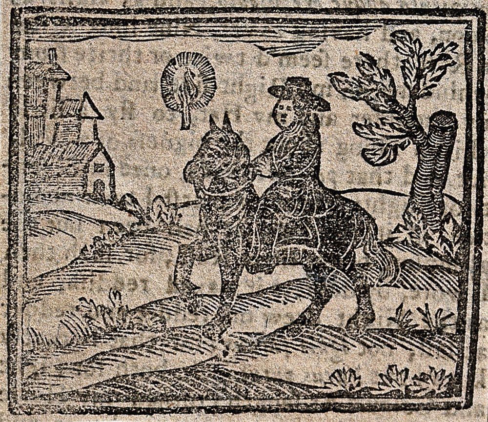 Witchcraft: a man on horseback. Woodcut, 1720.