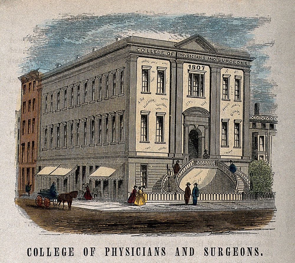 College of Physicians and Surgeons, New York. Coloured wood engraving.