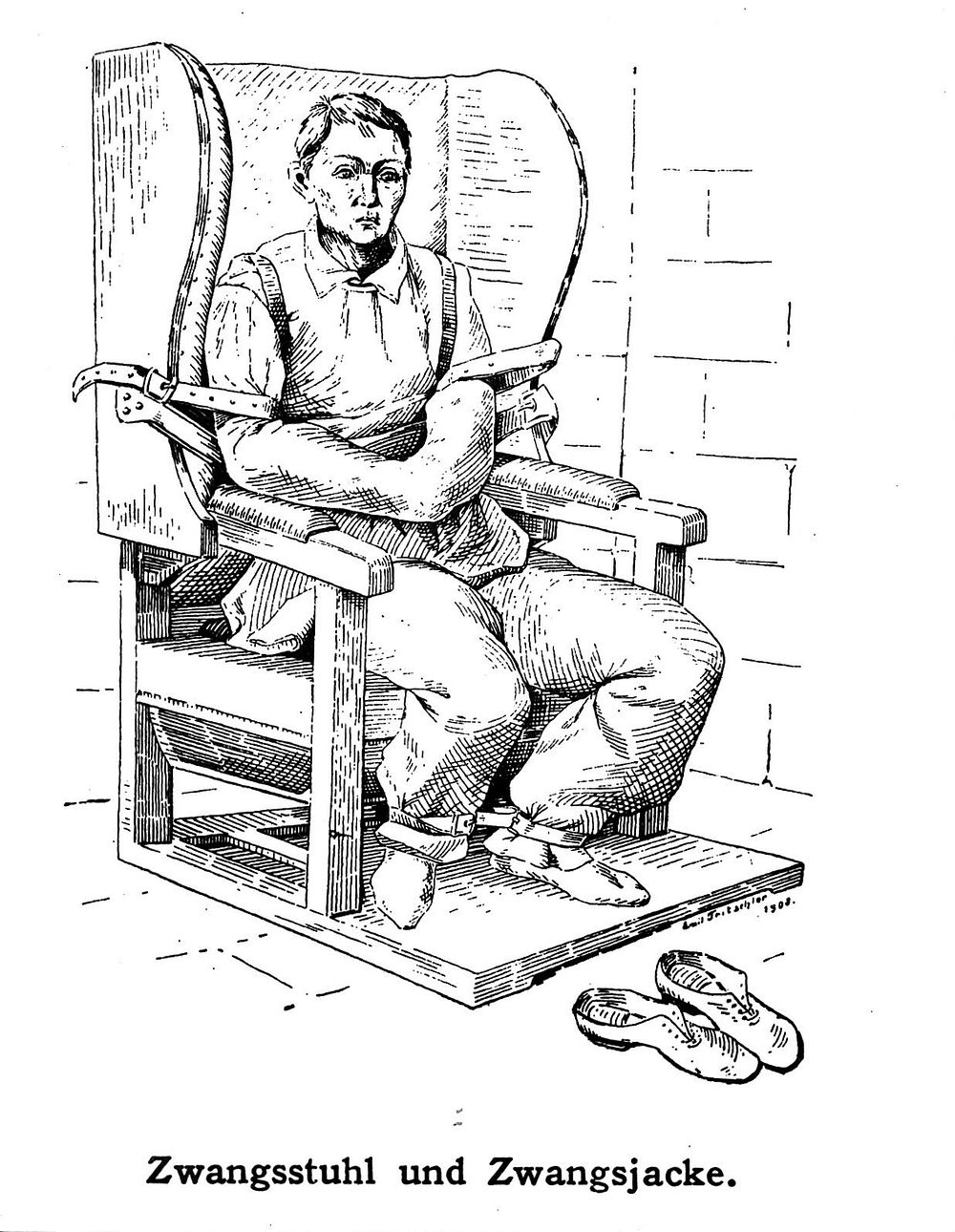 A mental ill patient in a straight jacket and strapped into a chair. Photograph after a wood engraving by E. Tritschler…
