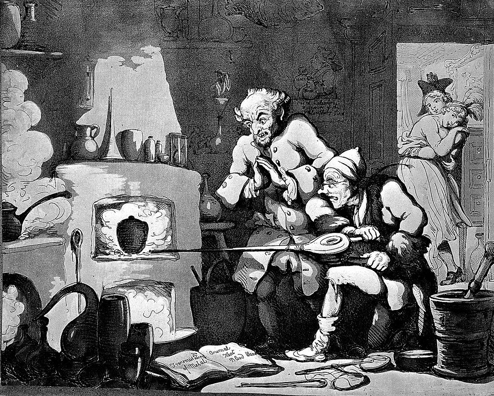 An alchemist and his assistant hoping to turn base metal into gold. Aquatint after T. Rowlandson.