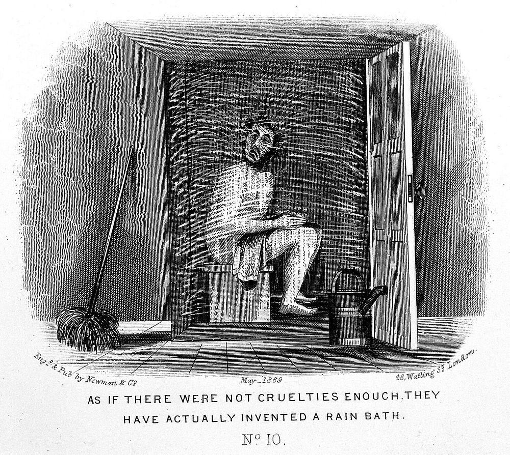 A man visiting a health resort is seated in a cubicle and is being sprayed with water coming from the walls. Etching, May…