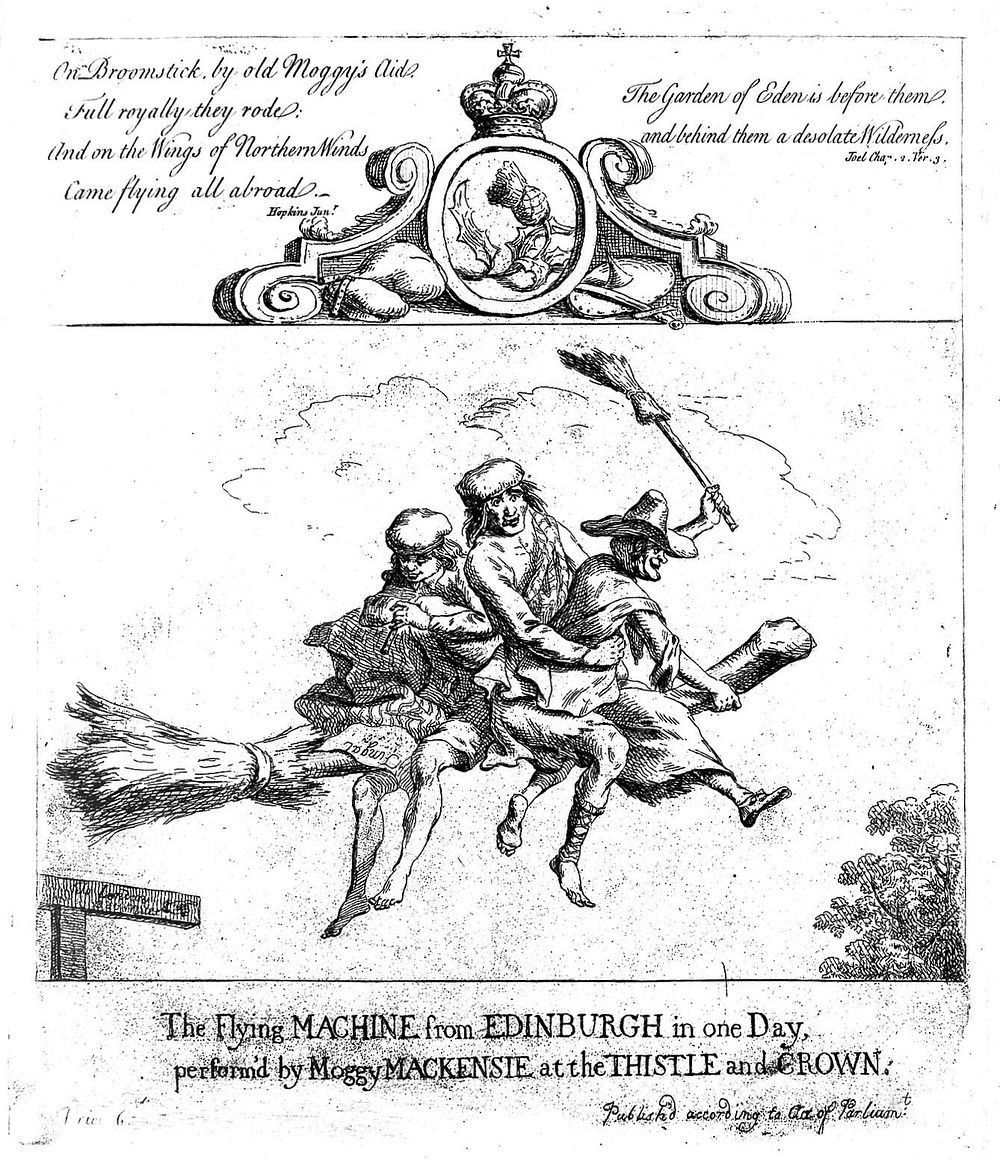 Two Scotsmen flying on a witch's broomstick from Edinburgh to London; representing Scots usurping the positions of…