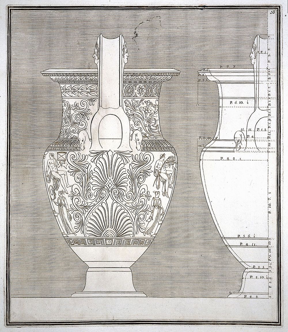 The Hamilton vase: a wine-mixing bowl (krater) painted with a monument in which are a man with a horse, and with other…
