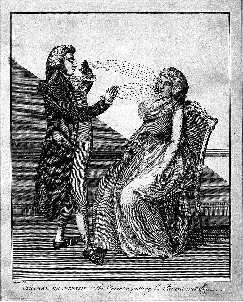 A man hypnotising a woman using the animal magnetism method. Engraving, 1802, after D. Dodd.