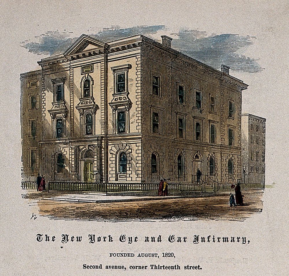 Eye and Ear Infirmary, New York City. Coloured wood engraving.
