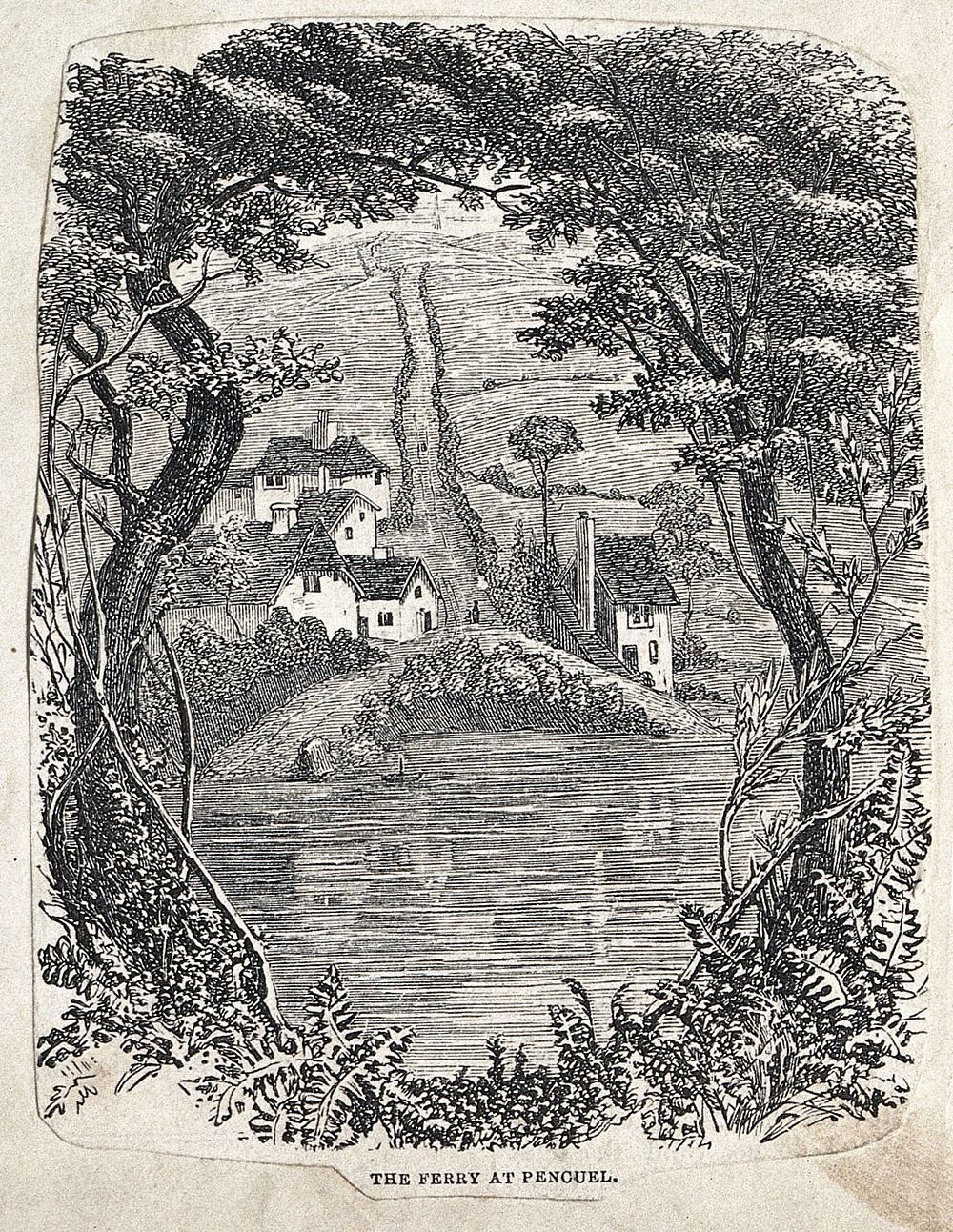 Landscape with a lake at Pencuel. Wood engraving.