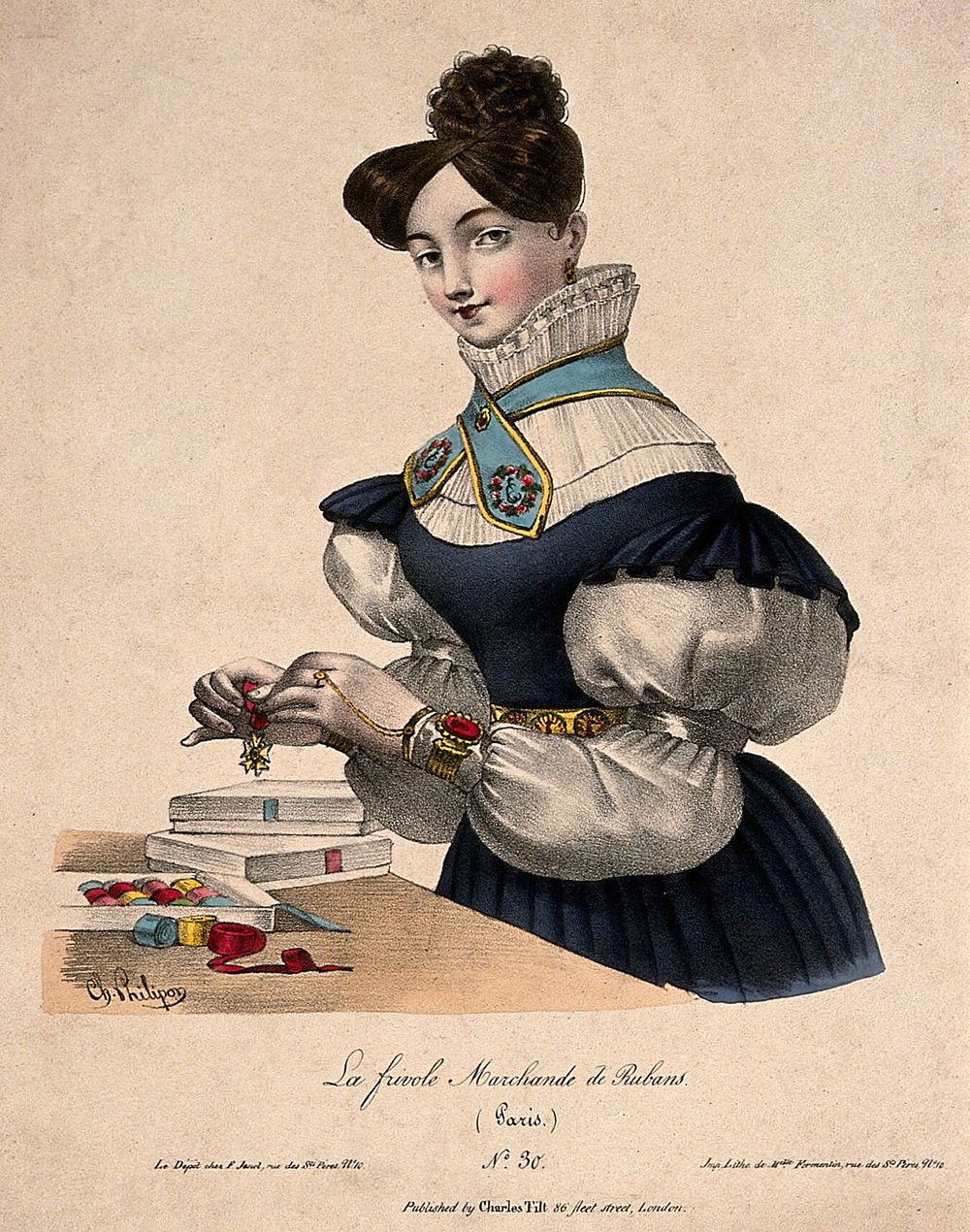 A woman tying ribbon onto a medal. Coloured lithograph by Joséphine-Clémence Formentin after Charles Philipon.