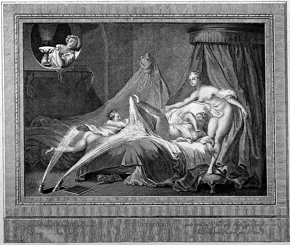 Jets of water spray naked young women on a bed; suggesting the connection between enemas and eroticism. Process print after…