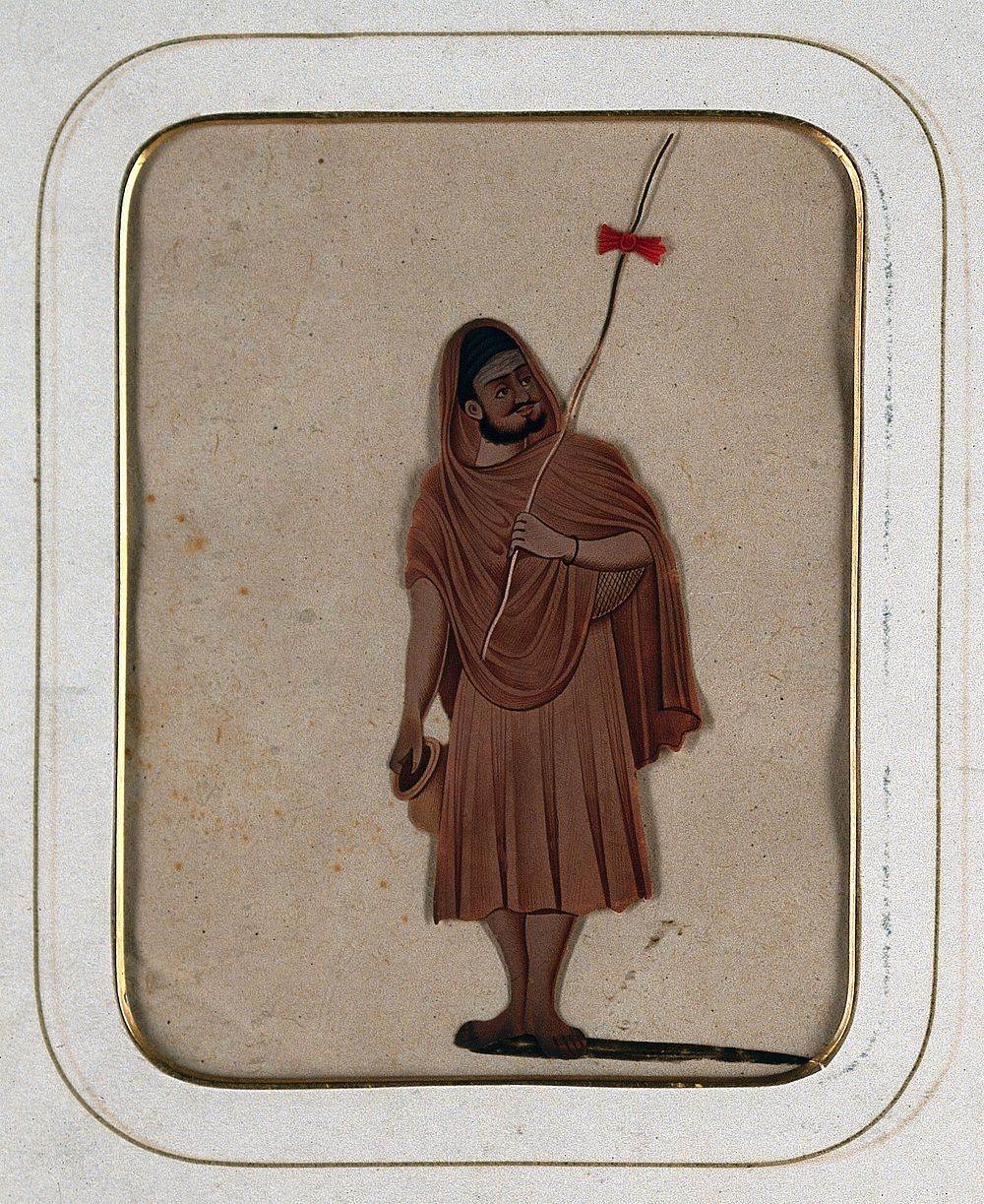 A holy man holding a stick and a water pot. Gouache painting on mica by an Indian artist.