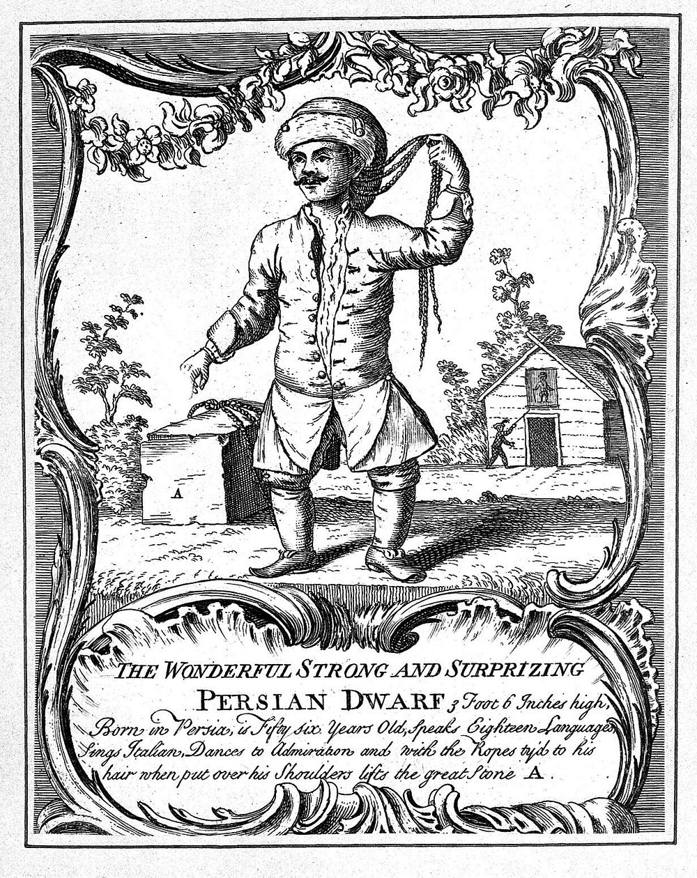 A male dwarf said to be Persian and to possess unusual talents. Etching, ca. 1740.
