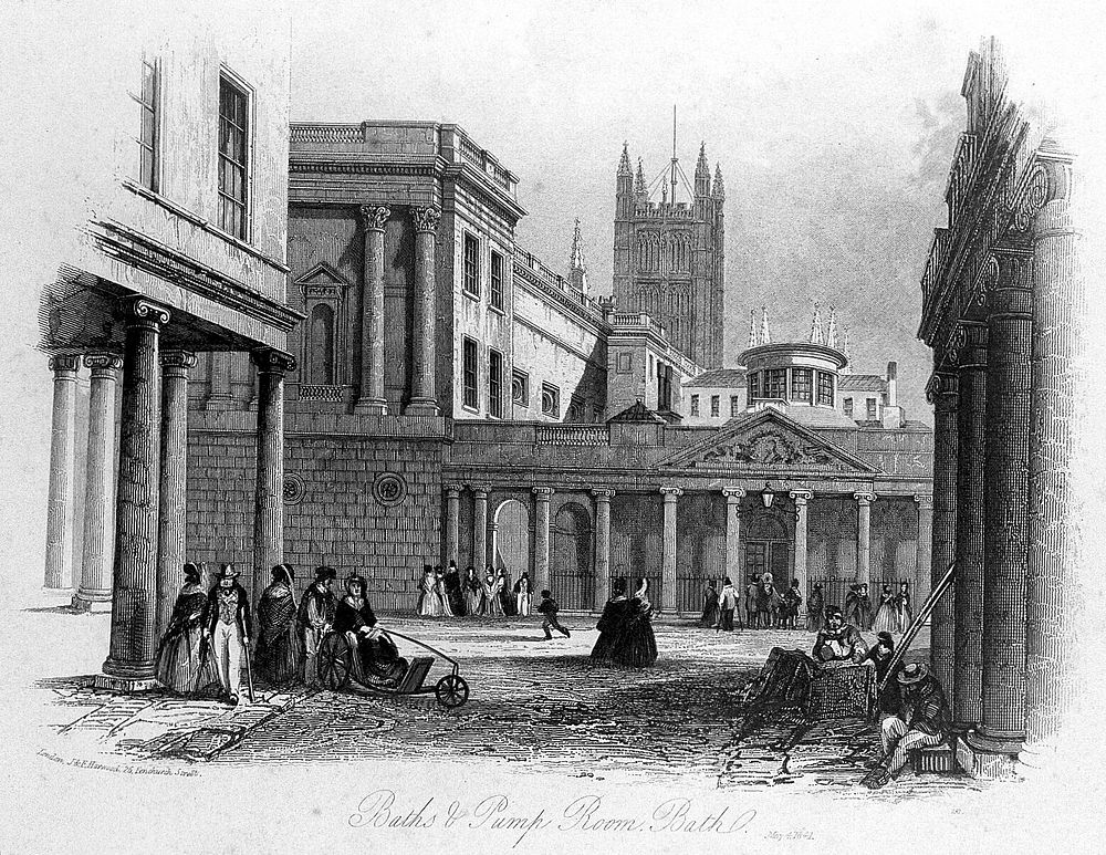 Street scene showing the baths and pump room, Bath. Line engraving, 1841.