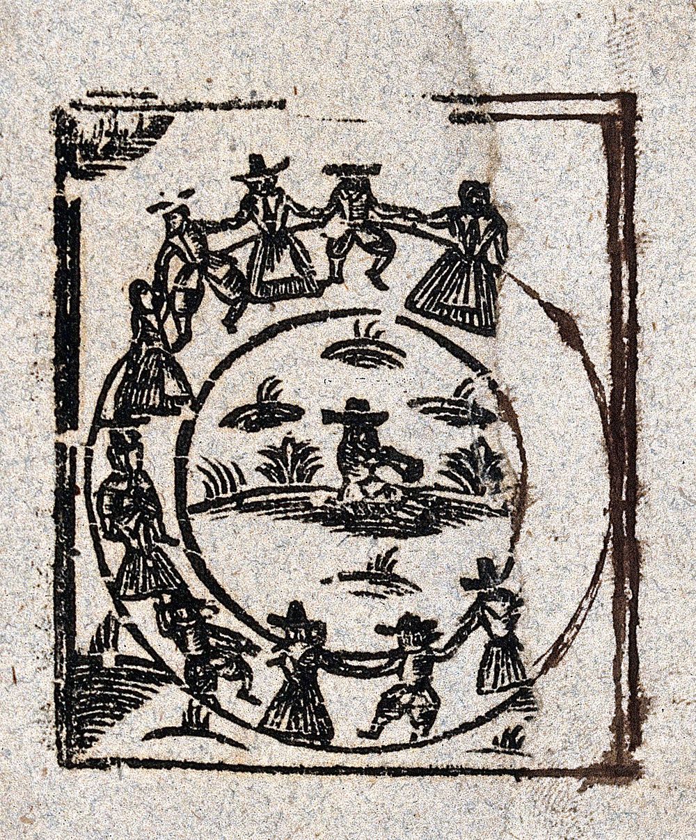 A circle of witches dance around a central figure. Woodcut, ca. 1700-1720.