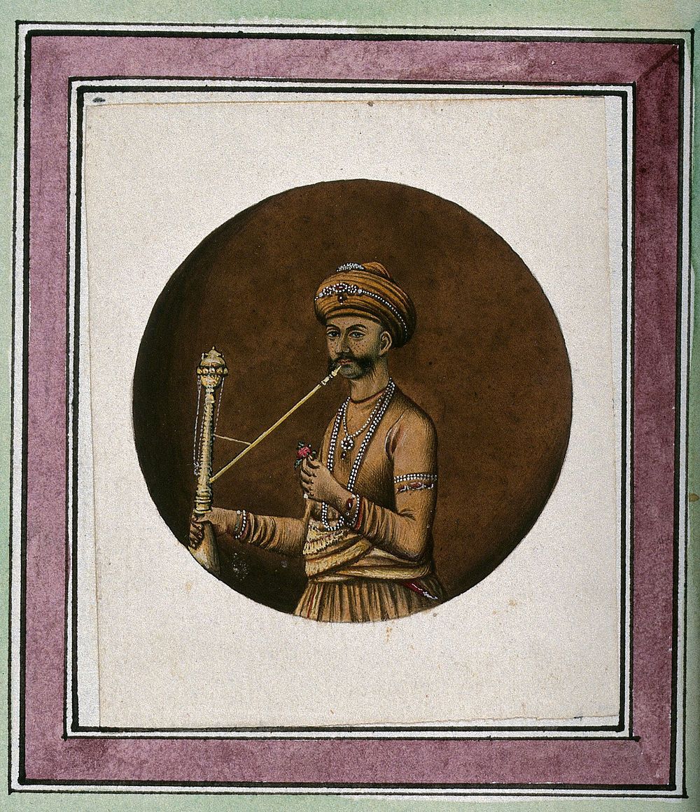 The Nawāb of Farrukhabad, Muzaffar Jang, smoking a huqqa. Gouache painting by an Indian artist.