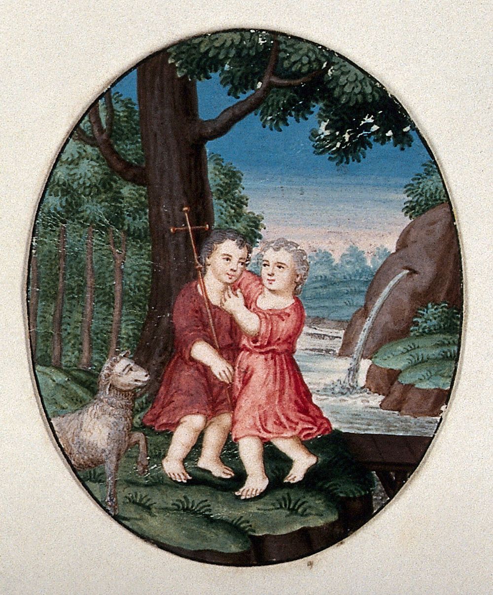 The Christ Child and Saint John the Baptist in a landscape. Gouache.