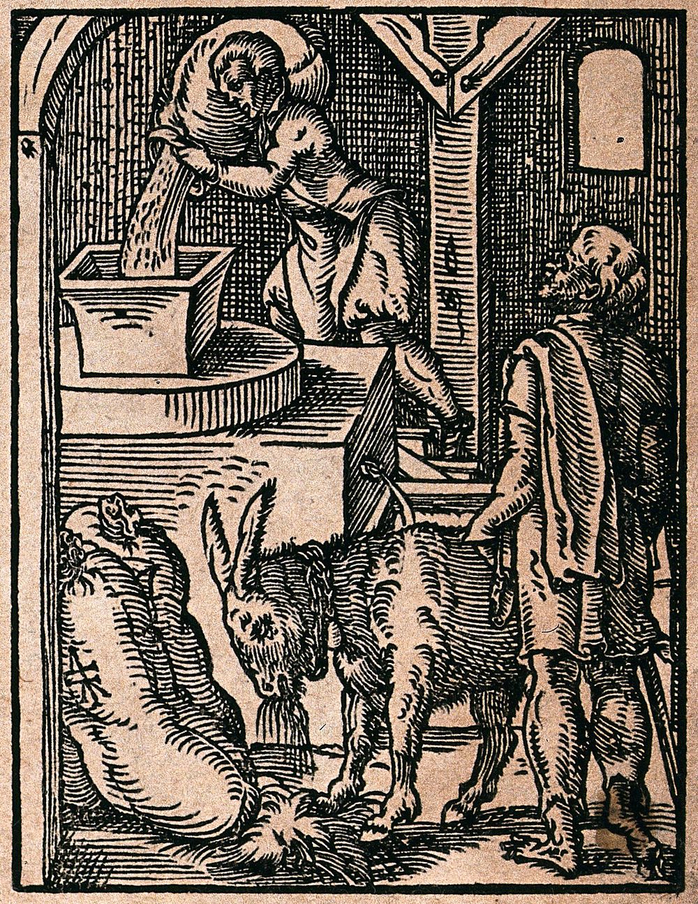 A miller pours grain into a mill from a sack brought by a donkey. Woodcut by J. Amman.