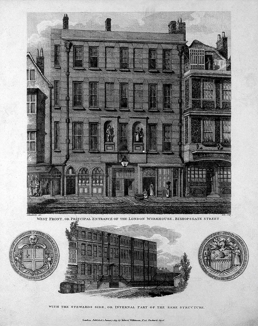 The London Workhouse: the street and courtyard facades with a pair of medallions. Engraving by T. Dale after R. Schnebbelie…