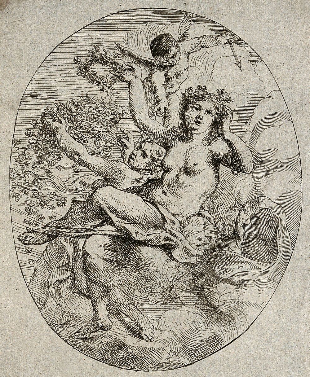 Mars, Flora and Venus with a flying cupid holding an arrow. Etching by C. Schut I.