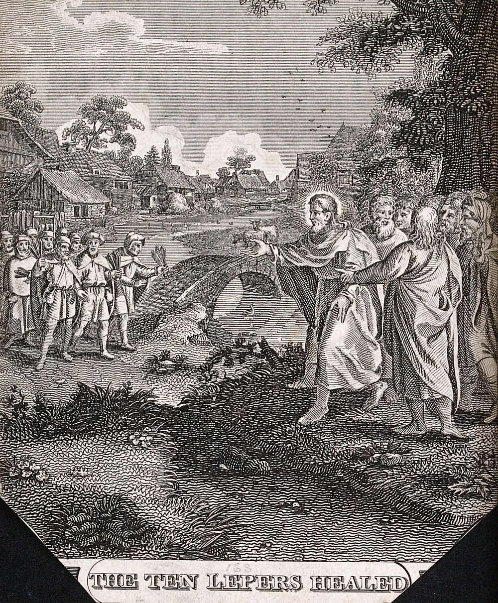 Ten people with leprosy (with warning clappers) approach Christ the healer. Etching.