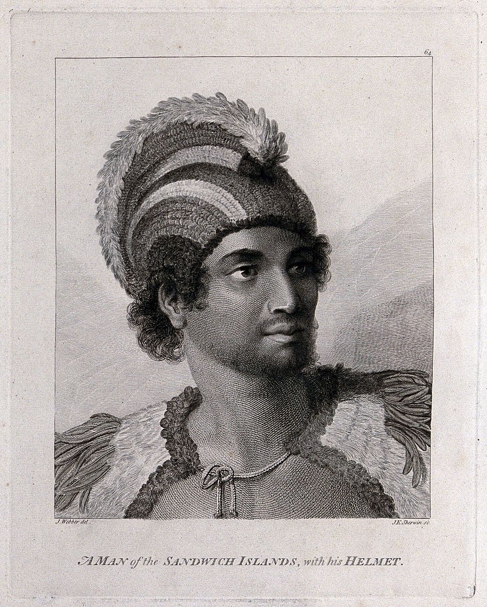 The Hawaiian chief Kana'ina (Kaneena) wearing a feather helmet. Engraving by J.K. Sherwin, 1784, after J. Webber.