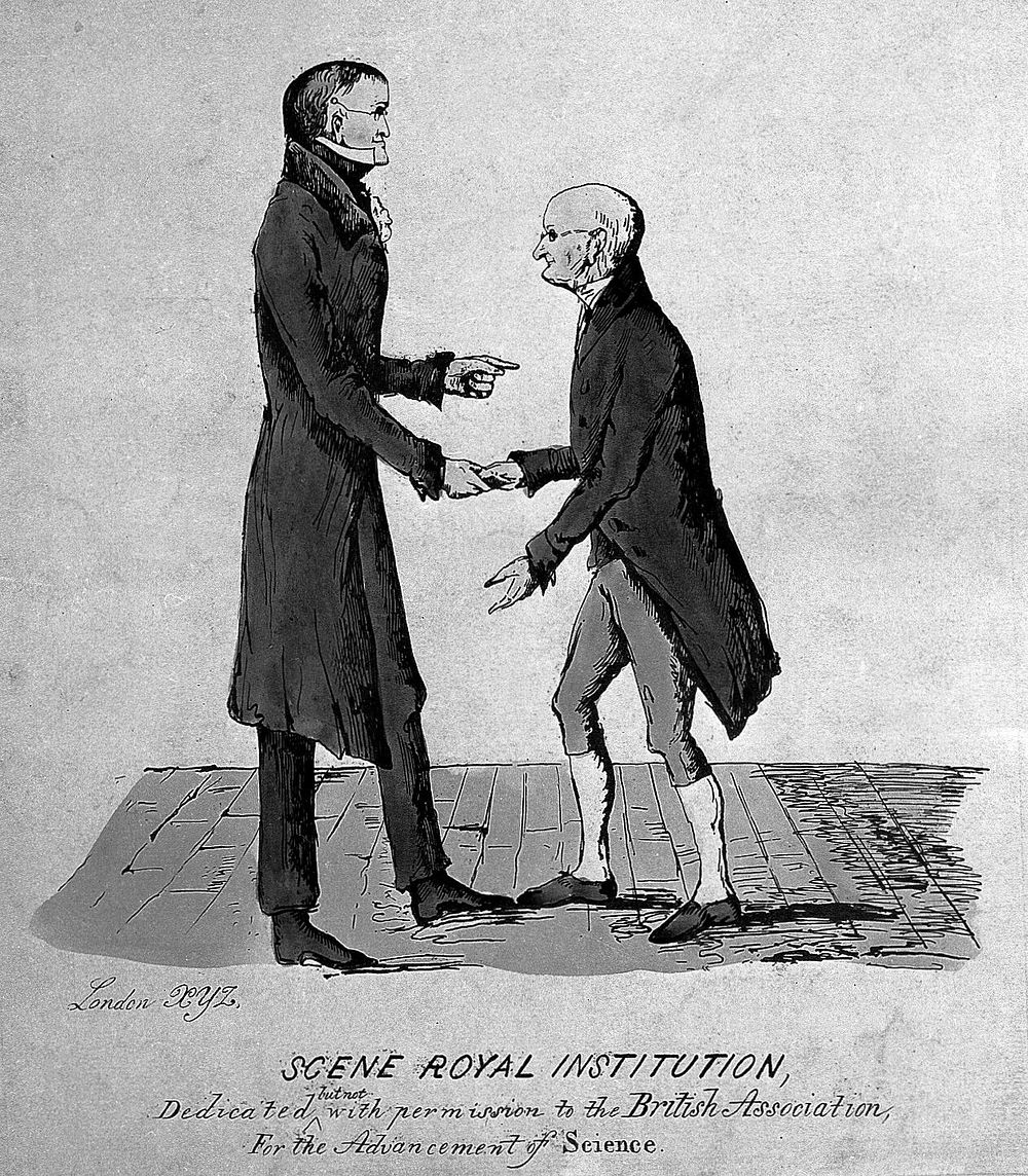 John Dalton shaking hands with Gerrit Moll, 1834, thanking him for defending British science. Coloured etching by Crichton.
