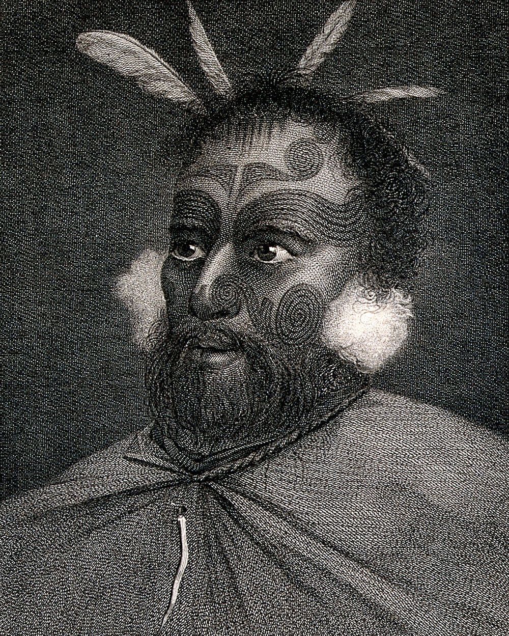 A Maori man with tattoos on his face, encountered by Captain Cook on his second voyage, 1772-1775. Engraving by Michel…