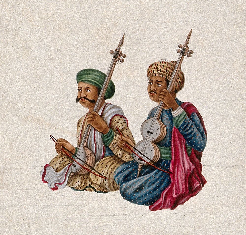 A pair of musicians playing Indian stringed instruments, with bows. Gouache painting by an Indian artist.